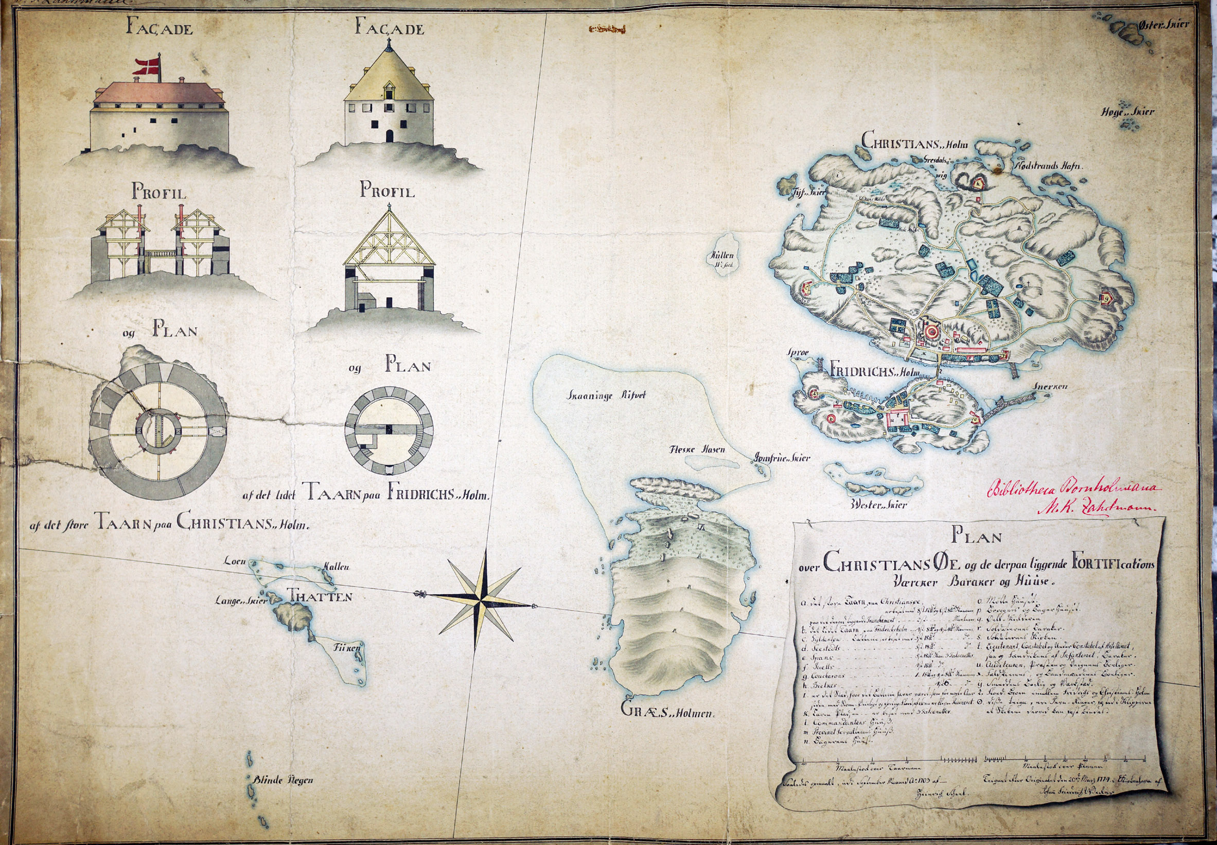 Scheels kort over Christiansø, 1703. Original i M.K.Zahrtmanns arkiv på Bornholms Ø-arkiv
